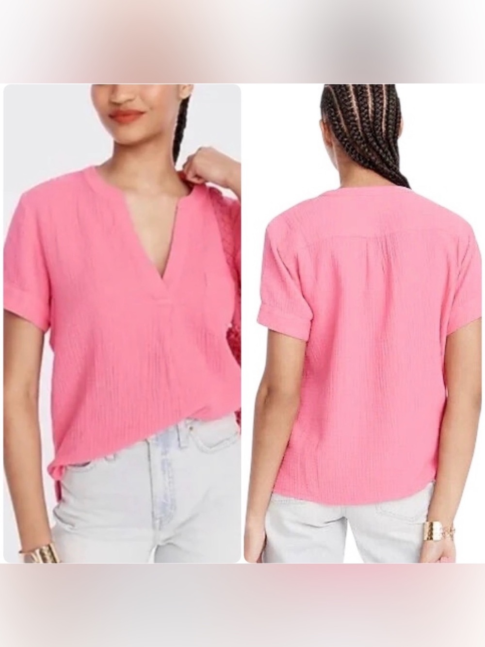 J.Crew V-Neck Double-Gauze Popover Tee in Pink Size Large